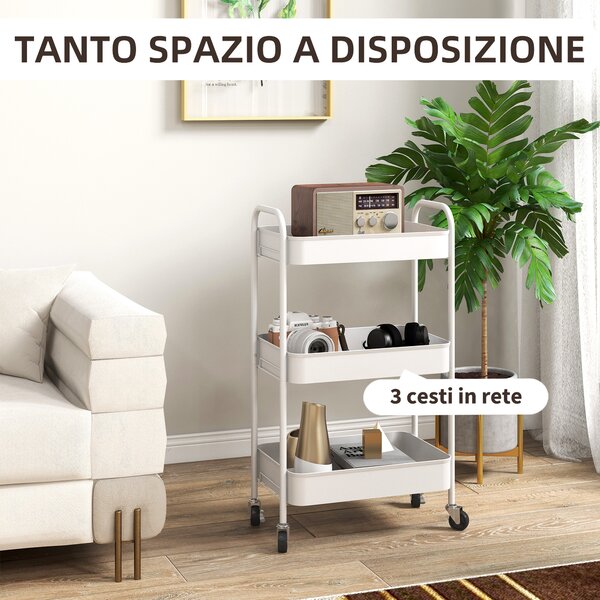 HOMCOM Carrello da Cucina a 3 Livelli con Maniglie e 4 Rotelle, in Acciaio, 45x30.6x79 cm, Bianco|Aosom