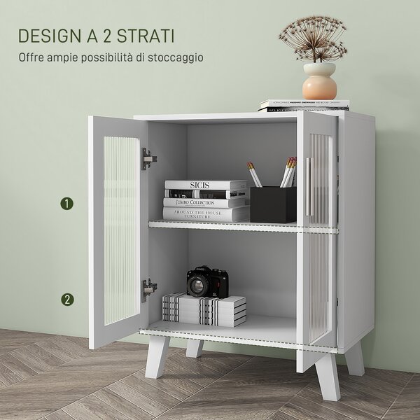 HOMCOM Credenza Moderna Multiuso con 2 Ante Trasparenti e 2 Ripiani, 61x35x75cm, Bianco|Aosom