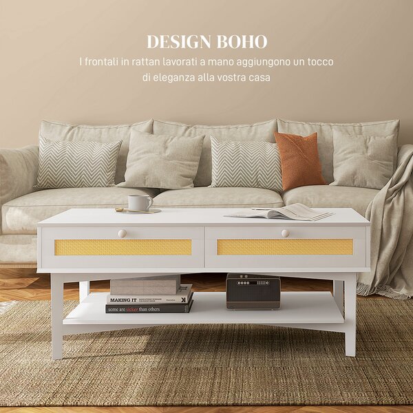 HOMCOM Tavolino da Caffè Boho con 2 Cassetti e Ripiano, in Rattan e Truciolato, 120x50x50 cm, Bianco e color Legno|Aosom