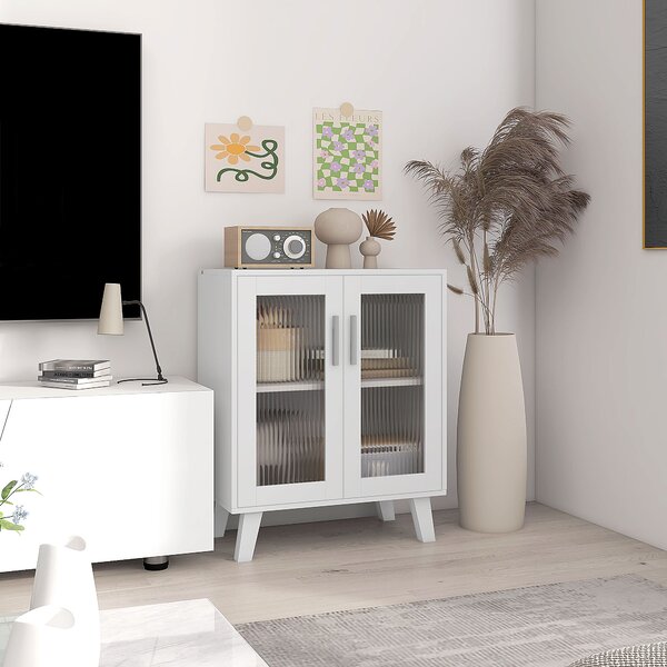 HOMCOM Credenza Moderna Multiuso con 2 Ante Trasparenti e 2 Ripiani, 61x35x75cm, Bianco|Aosom