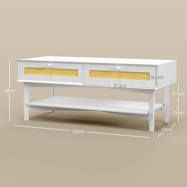 HOMCOM Tavolino da Caffè Boho con 2 Cassetti e Ripiano, in Rattan e Truciolato, 120x50x50 cm, Bianco e color Legno|Aosom