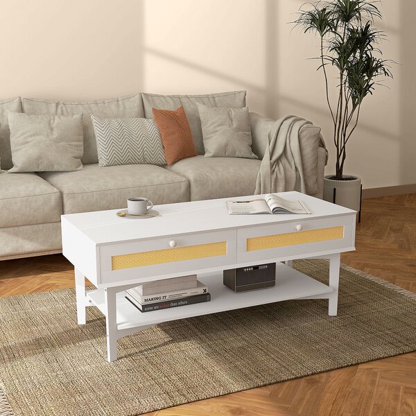 HOMCOM Tavolino da Caffè Boho con 2 Cassetti e Ripiano, in Rattan e Truciolato, 120x50x50 cm, Bianco e color Legno|Aosom