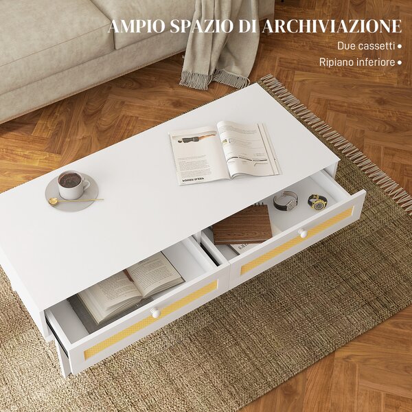 HOMCOM Tavolino da Caffè Boho con 2 Cassetti e Ripiano, in Rattan e Truciolato, 120x50x50 cm, Bianco e color Legno|Aosom