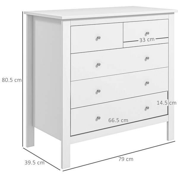 HOMCOM Cassettiera 5 Cassetti con guide in metallo e sistema antiribaltamento per Camera e Soggiorno in Legno Bianco, 79x39.5x80.5 cm| Aosom Italy