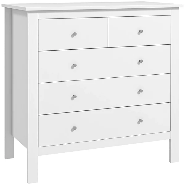 HOMCOM Cassettiera 5 Cassetti con guide in metallo e sistema antiribaltamento per Camera e Soggiorno in Legno Bianco, 79x39.5x80.5 cm| Aosom Italy