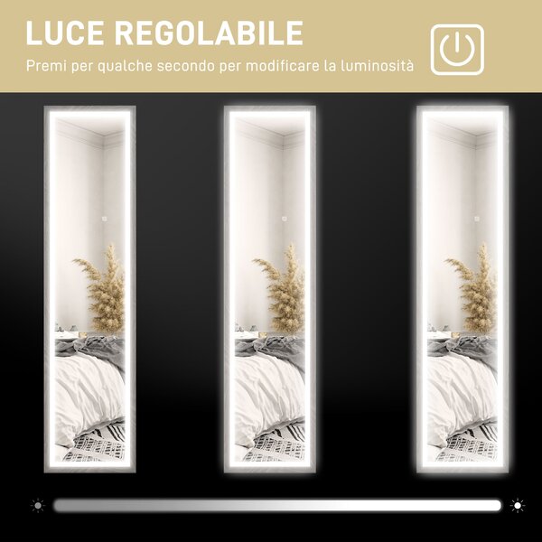 HOMCOM Specchio Illuminato con Luci LED Regolabili e Pulsante Touch, in Vetro e MDF, 40x5x160 cm, Grigio | Aosom Italy