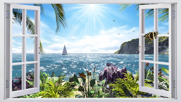 Carta da parati Vista dalla finestra sul mare e sullo yacht, Carta da parati Mare, u54608 : Uwalls.it