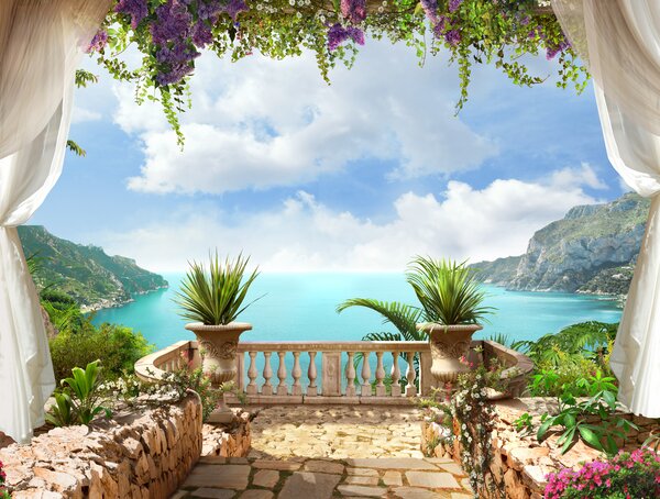Carta da parati Veranda, con vista sulla baia, Carta da parati Mare, u68055 : Uwalls.it
