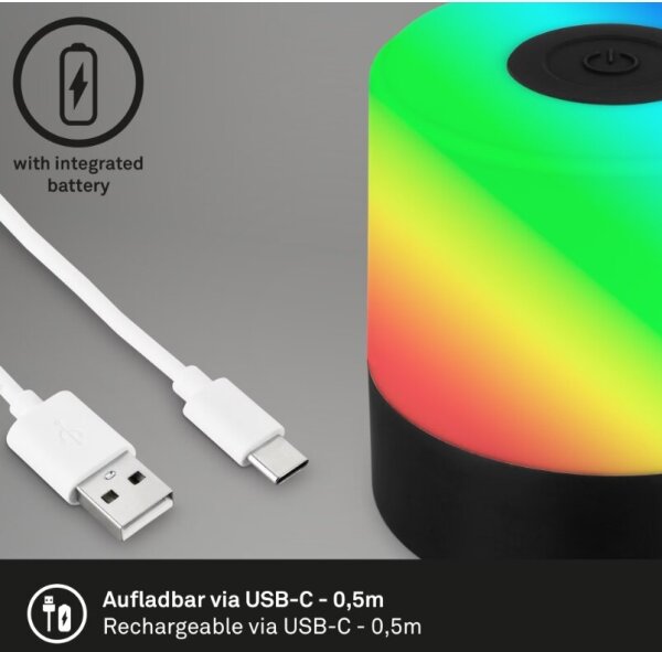 Briloner 7462015 - Lampada da tavolo LED RGB ricaricabile 1,5W 5V IP44 nera