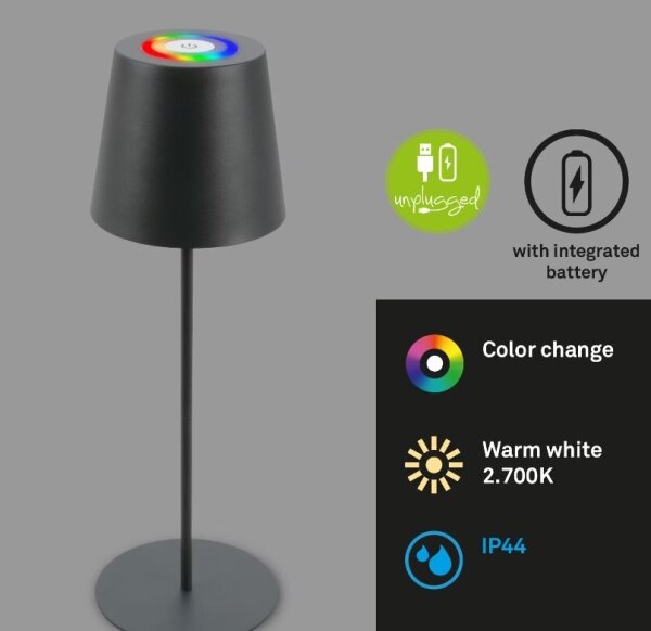 Briloner 7507015 - Lampada da scrivania ricaricabile LED RGBW dimmerabile, 2,5W/5V, IP44, antracite