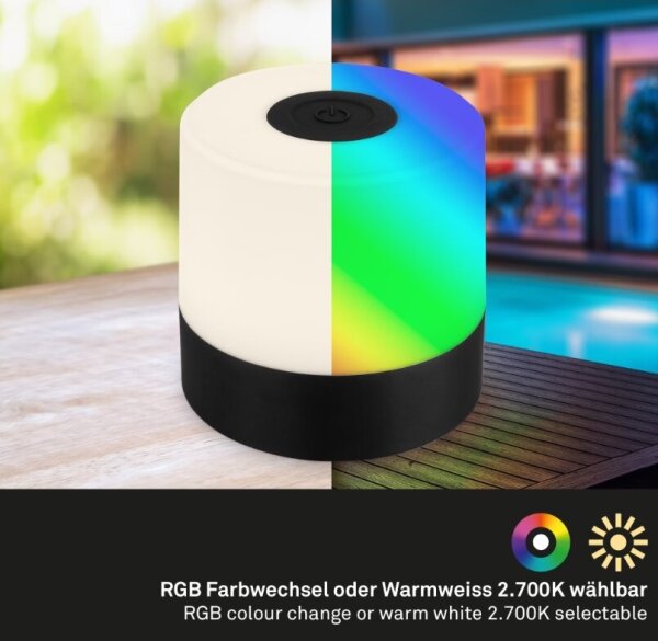 Briloner 7462015 - Lampada da tavolo LED RGB ricaricabile 1,5W 5V IP44 nera
