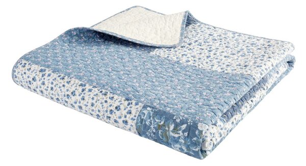 Copriletto trapuntato in cotone blu 220x230 cm Floral Patchwork - Bianca