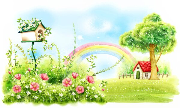 Carta da parati Arcobaleno e fiori in un campo verde, Carta da parati per Bambini, Carta da parati popolare, u57050 - Tapeko.it