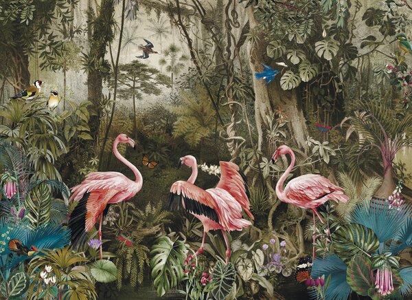 Carta da parati Uccelli tropicali e fenicotteri nella giungla, Carta da parati Animali, Carta da parati Fenicottero, u73568 : Uwalls.it