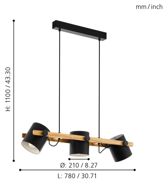 Eglo 43045 - Lampadario a sospensione con filo HORNWOOD 3xE27/60W/230V