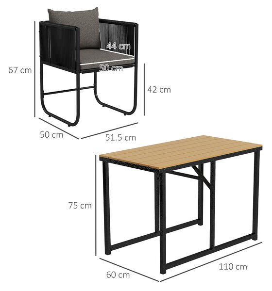 Outsunny Set da Giardino 3 Pezzi in Rattan con 2 Sedie 50x51.5x67 cm e Tavolo 110x60x75 cm in Legno Composito|Aosom