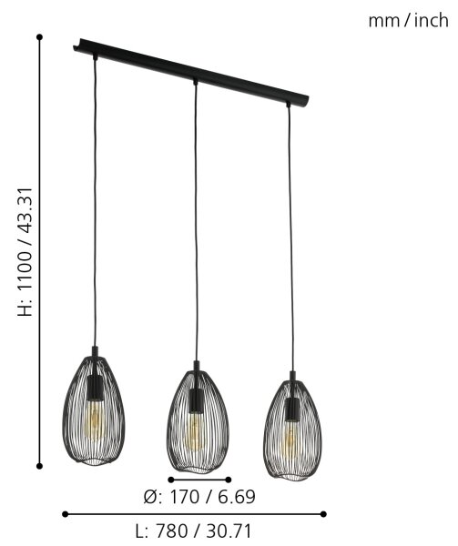 Eglo 49142 - Lampadario a sospensione con filo CLEVEDON 3xE27/60W/230V