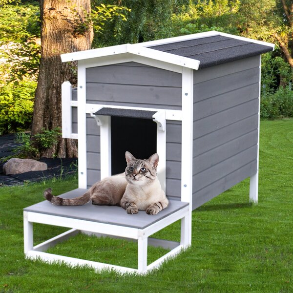 PawHut Cuccia Rialzata da Esterno, Balconcino, Tetto Impermeabile, Legno - Grigio |Aosom