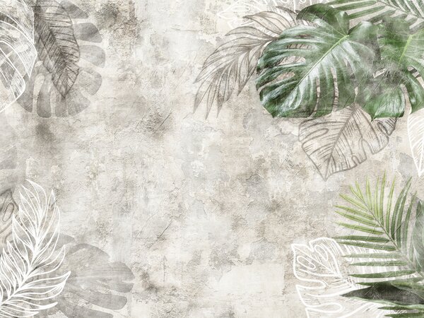 Carta da parati Foglie tropicali su un muro invecchiato, Carta da parati Natura, Carta da parati Foglie di Palma, u93964 : Uwalls.it