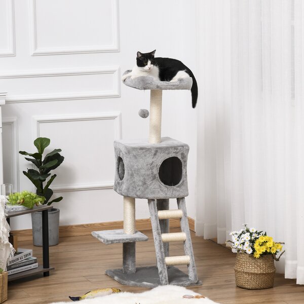 PawHut Tiragraffi Multilivello Palestra per Gatti con Cuccia, Scala e Corde in Sisal, Grigio Chiaro, 50x40x120cm|Aosom
