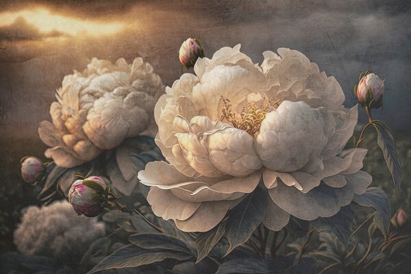 Carta da parati Belle peonie bianche sotto i raggi del tramonto, Carta da parati Floreale, u74774 : Uwalls.it