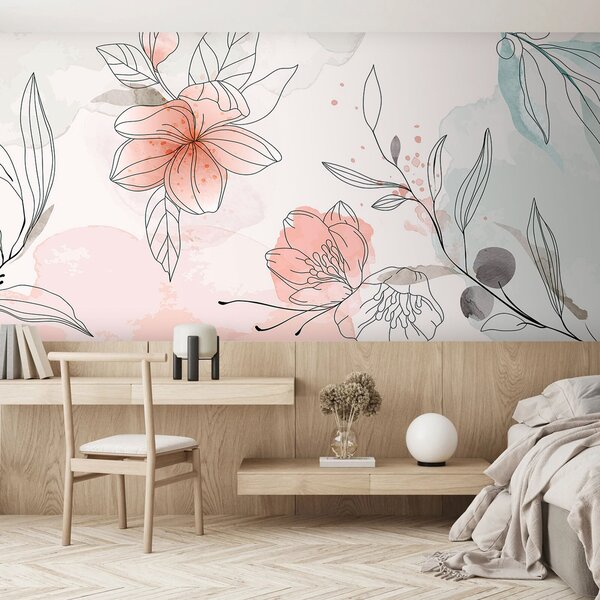 Carta da parati Motivi botanici con fiori, rami e foglie di eucalipto, Carta da parati Acquerello, u74865 : Uwalls.it