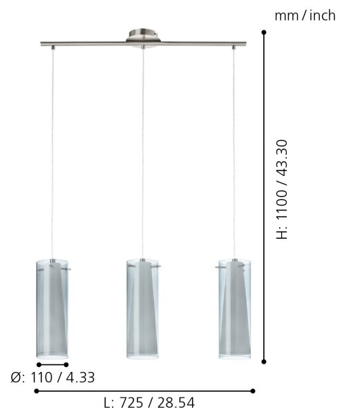 EGLO 90305 - Lampadario sospeso PINTO NERO 3xE27/60W vetro fumé