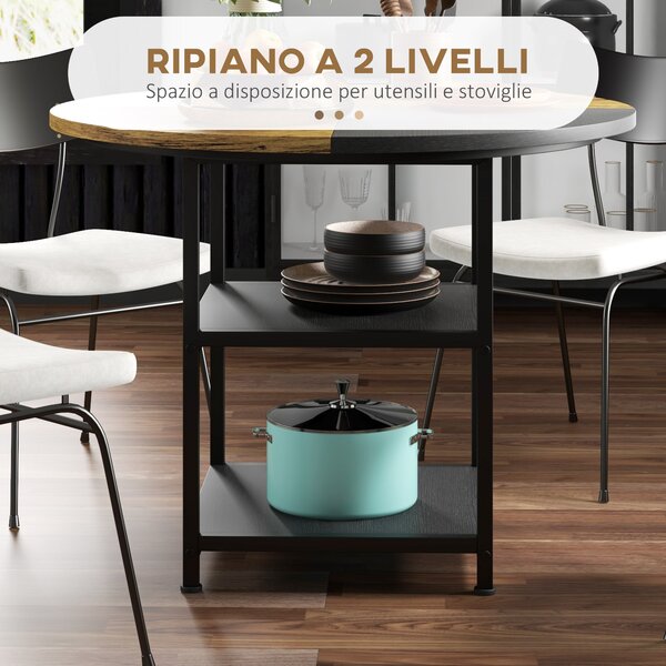 HOMCOM Tavolo da Pranzo per 4-6 Persone con 2 Ripiani Integrati, in Acciaio e MDF, Ø100x76 cm, Nero e Marrone|Aosom