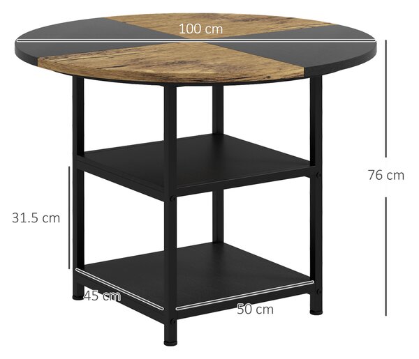 HOMCOM Tavolo da Pranzo per 4-6 Persone con 2 Ripiani Integrati, in Acciaio e MDF, Ø100x76 cm, Nero e Marrone|Aosom
