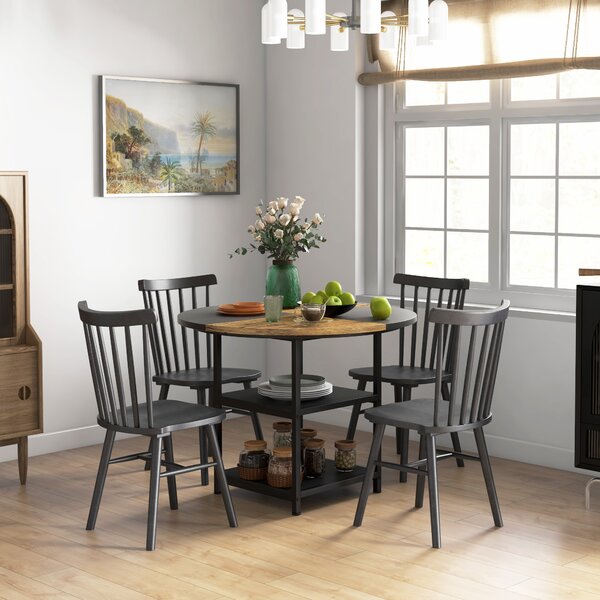 HOMCOM Tavolo da Pranzo per 4-6 Persone con 2 Ripiani Integrati, in Acciaio e MDF, Ø100x76 cm, Nero e Marrone|Aosom