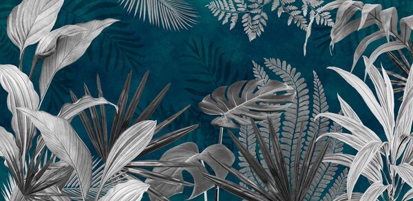 Carta da parati Foglie tropicali su sfondo blu in stile grunge, Carta da parati Natura, u94419 : Uwalls.it