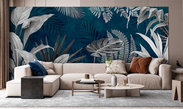 Carta da parati Foglie tropicali su sfondo blu in stile grunge, Carta da parati Natura, u94419 : Uwalls.it