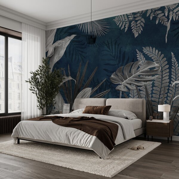 Carta da parati Foglie tropicali su sfondo blu in stile grunge, Carta da parati Natura, u94419 : Uwalls.it