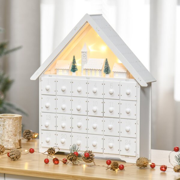HOMCOM Calendario dell'Avvento di Natale in Legno con 24 Cassetti da Riempire, Decorazione con Villaggio, Alberi e Luci, 39x9x42cm | Aosom Italy