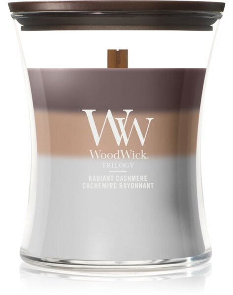 Woodwick Trilogy Radiant Cashmere candela profumata con stoppino in legno 275 g