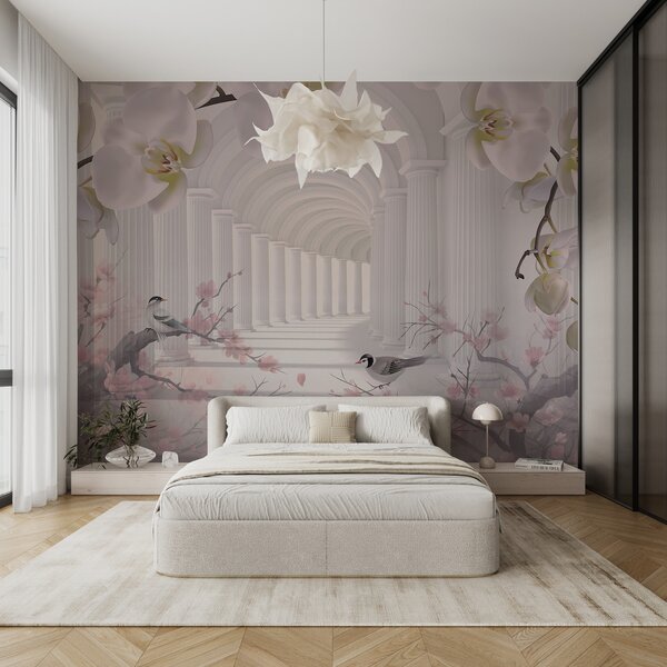 Carta da parati Bellissimo tunnel con uccelli e orchidee, Carta da parati 3D, Carta da parati Fiori 3D, u94513 : Uwalls.it