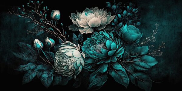 Carta da parati Fiori di smeraldo su sfondo scuro, Carta da parati 3d fiori, Carta da parati popolare, u75413 - Tapeko.it