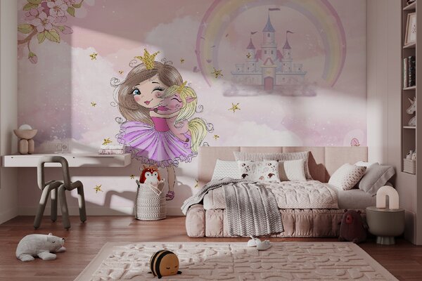 Carta da parati Principessa e unicorno sullo sfondo del castello con un arcobaleno, Carta da parati per Bambini, u95401 : Uwalls.it