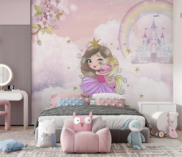 Carta da parati Principessa e unicorno sullo sfondo del castello con un arcobaleno, Carta da parati per Bambini, u95401 : Uwalls.it