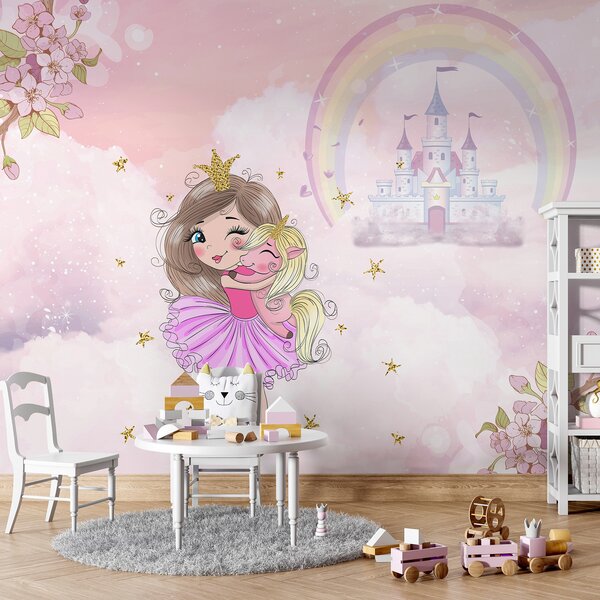 Carta da parati Principessa e unicorno sullo sfondo del castello con un arcobaleno, Carta da parati per Bambini, u95401 : Uwalls.it