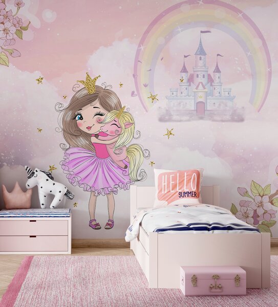 Carta da parati Principessa e unicorno sullo sfondo del castello con un arcobaleno, Carta da parati per Bambini, u95401 : Uwalls.it