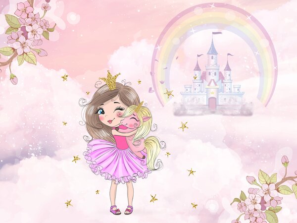 Carta da parati Principessa e unicorno sullo sfondo del castello con un arcobaleno, Carta da parati per Bambini, u95401 : Uwalls.it