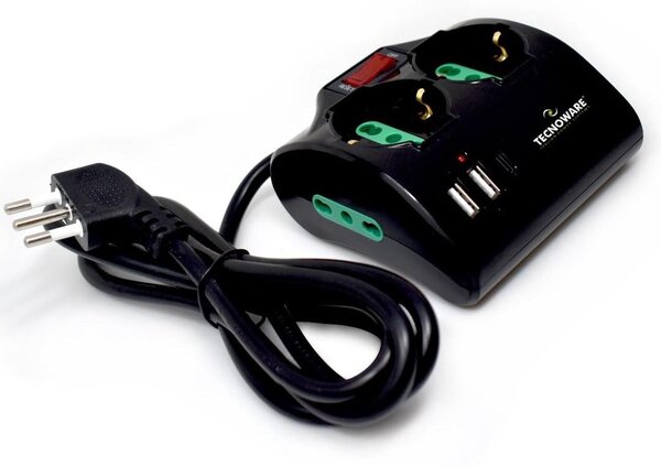 Tecnoware Power Systems Multipresa Power Cleaner 4, 1 presa italiana in ingresso, 2 prese italiane/Schuko in uscita, 2 prese italiane da 10/16 A, 2 porte USB-A, 1 porta USB-C, PD, QC, progettata per l'uso da tavolo