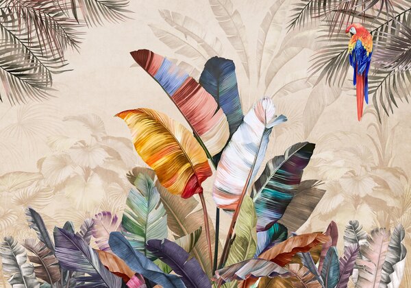 Carta da parati Foglie di palma colorate con uccello pappagallo tropicale, Carta da parati Natura, Carta da parati Foglie di Palma, u95050 : Uwalls.it