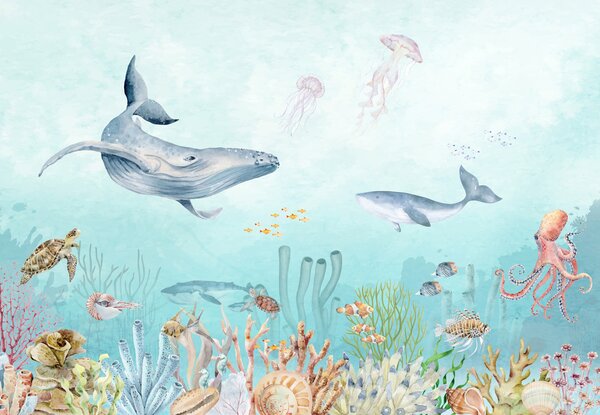 Carta da parati Universo marino, grandi balene, pesci e tartarughe, Carta da parati per gli adolescenti, u95446 : Uwalls.it