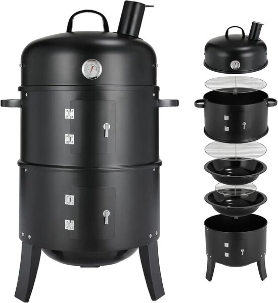 Griglia per barbecue a carbone, modello 3-in-1, con sistema di ventilazione regolabile e dotato di camino