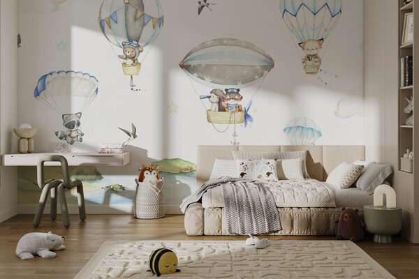 Carta da parati Animali con paracadute e palloncini, Carta da parati per Bambini, u95349 : Uwalls.it