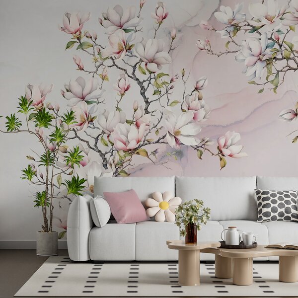 Carta da parati Alberi di magnolia in fiore su uno sfondo di marmo, Carta da parati Floreale, u96114 : Uwalls.it