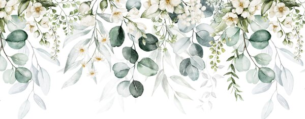 Carta da parati Illustrazione con foglie verdi, fiori bianchi, peonie e rami, Carta da parati Natura, Carta da parati Foglie, u96063 : Uwalls.it