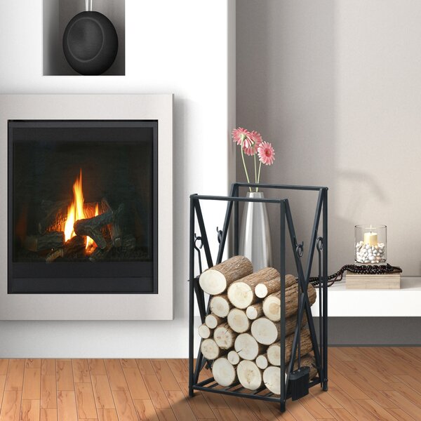 HOMCOM Portalegna per Camino in Acciaio da Interno ed Esterno, Porta Legna con Attizzatoio Paletta Scopino Pinza, 46x30x76cm Nero | Aosom Italy